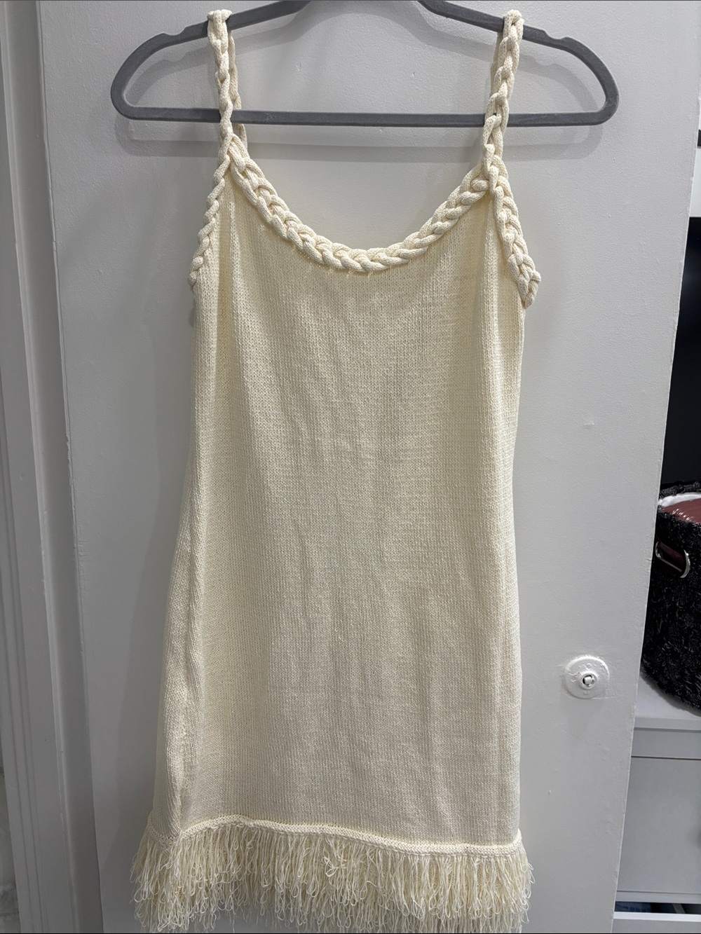 Braided-Strap Cream Knit Mini Dress